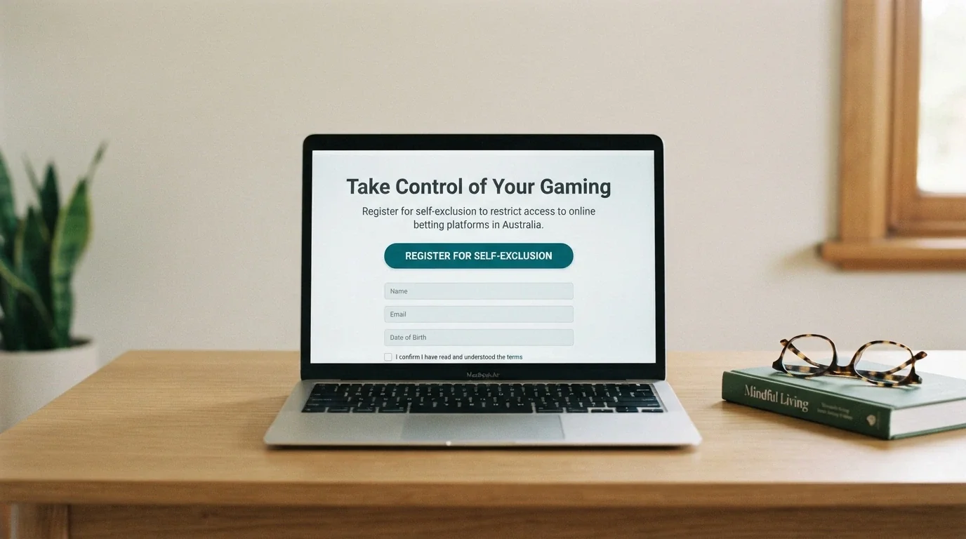 A laptop showing the BetStop National Self-Exclusion Register landing page with the registration button and the tagline visible