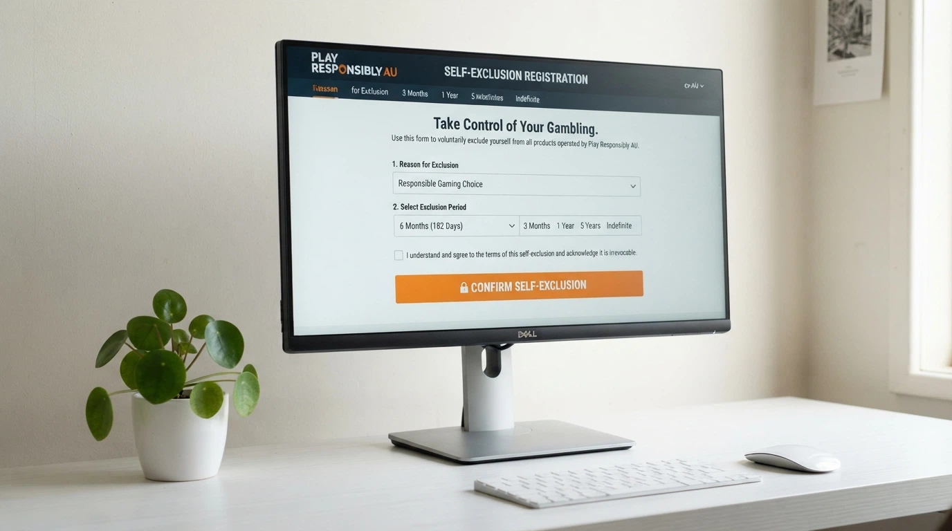 A computer screen showing the BetStop.gov.au registration interface with the self-exclusion duration options visible