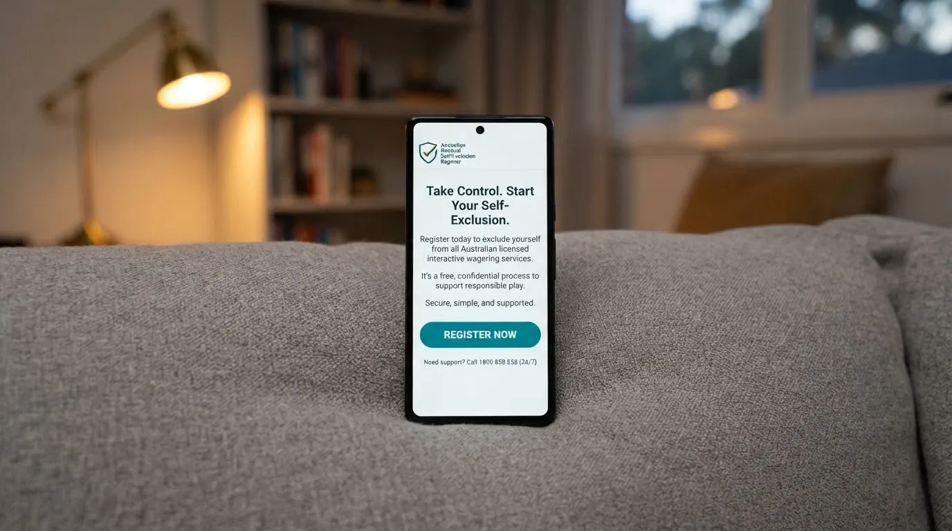 A smartphone displaying the BetStop National Self-Exclusion Register landing page with the registration-start button visible