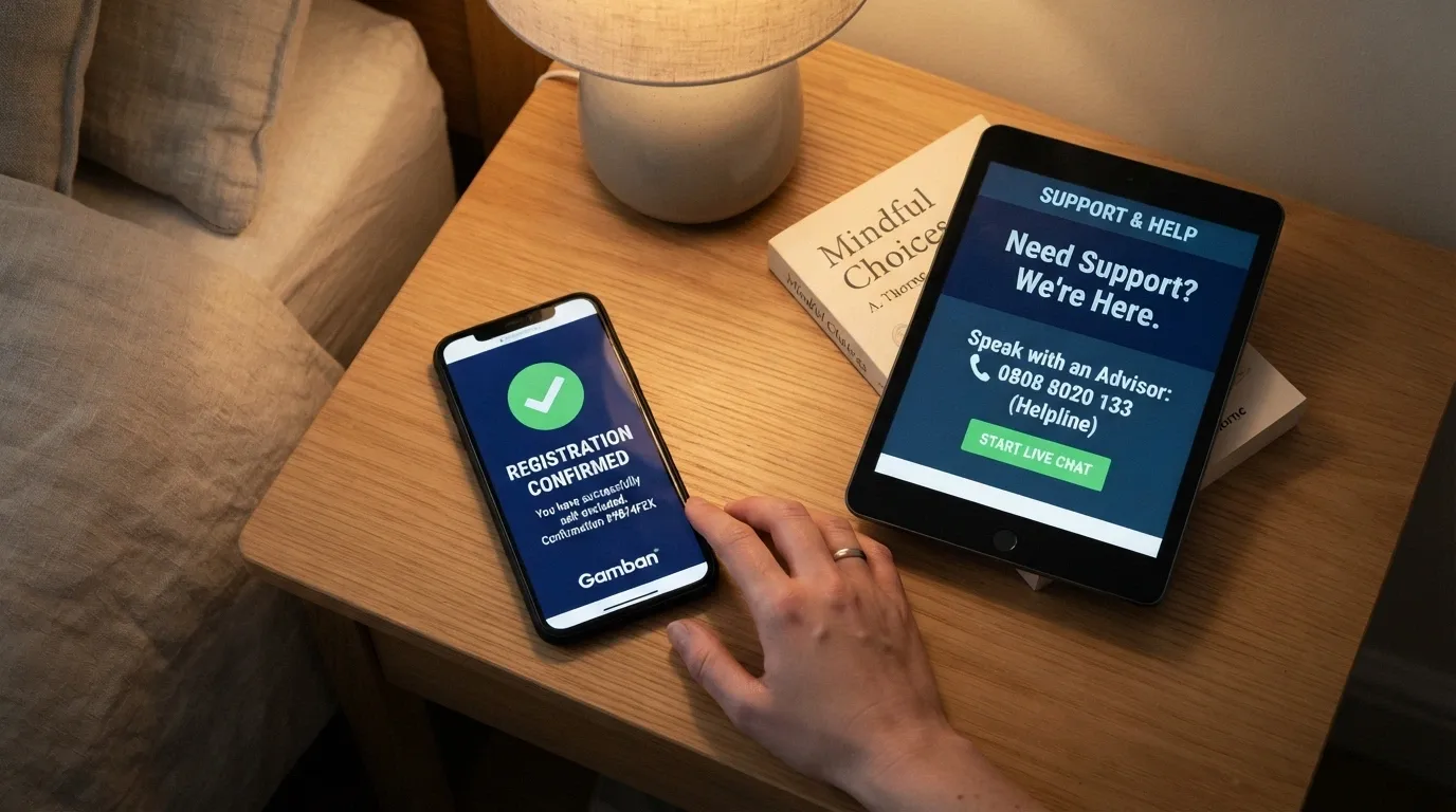 A mobile phone displaying the BetStop registration confirmation screen beside the Gambling Help Online homepage