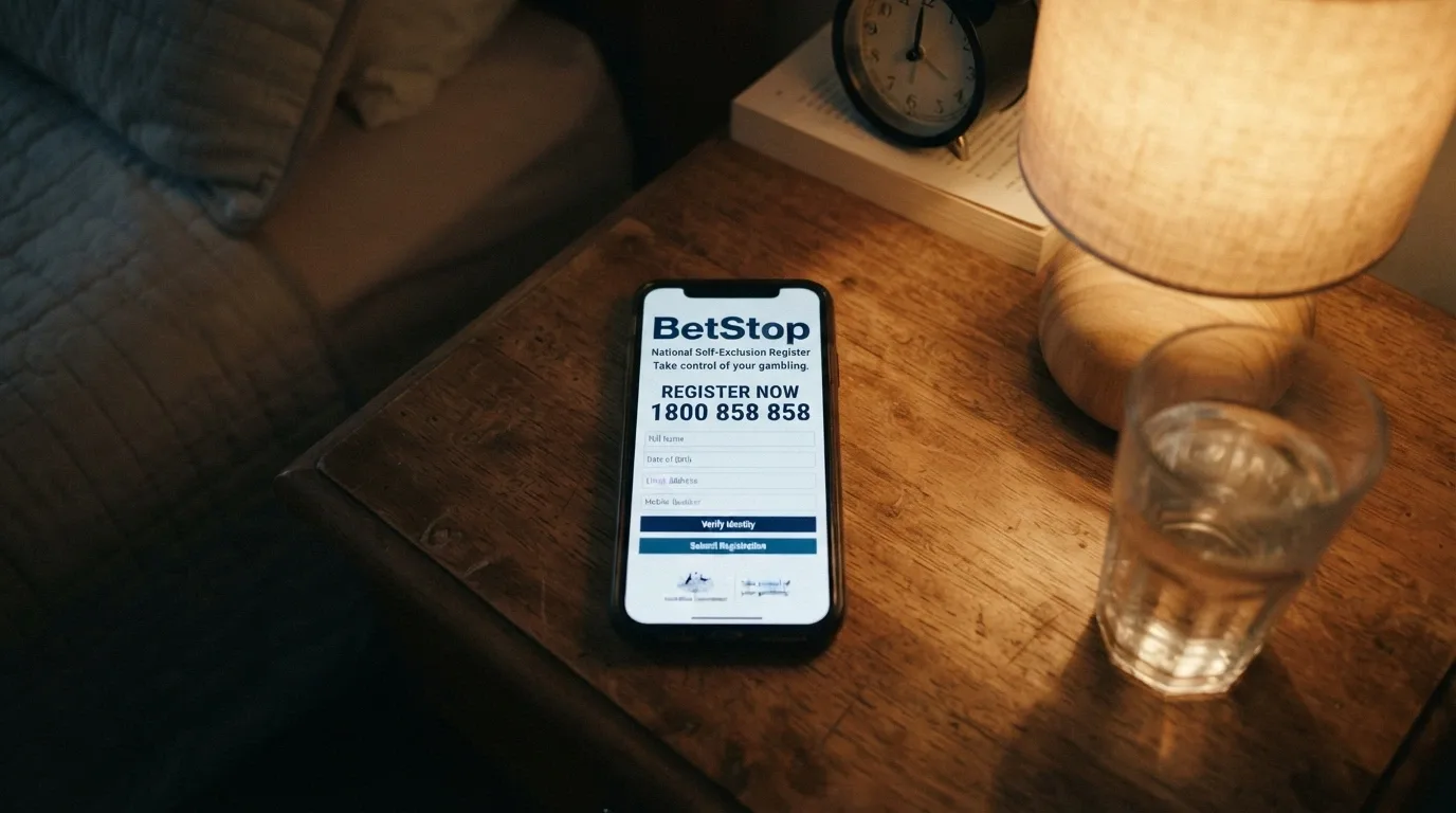 A BetStop registration screen or National Gambling Helpline contact card with the 1800 858 858 number visible