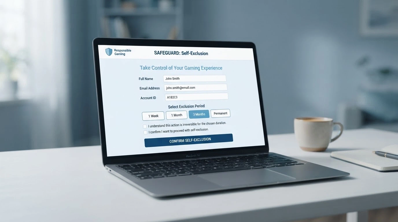 A clean registration interface with a BetStop logo, showing a self-exclusion form with duration options, over a calm blue background