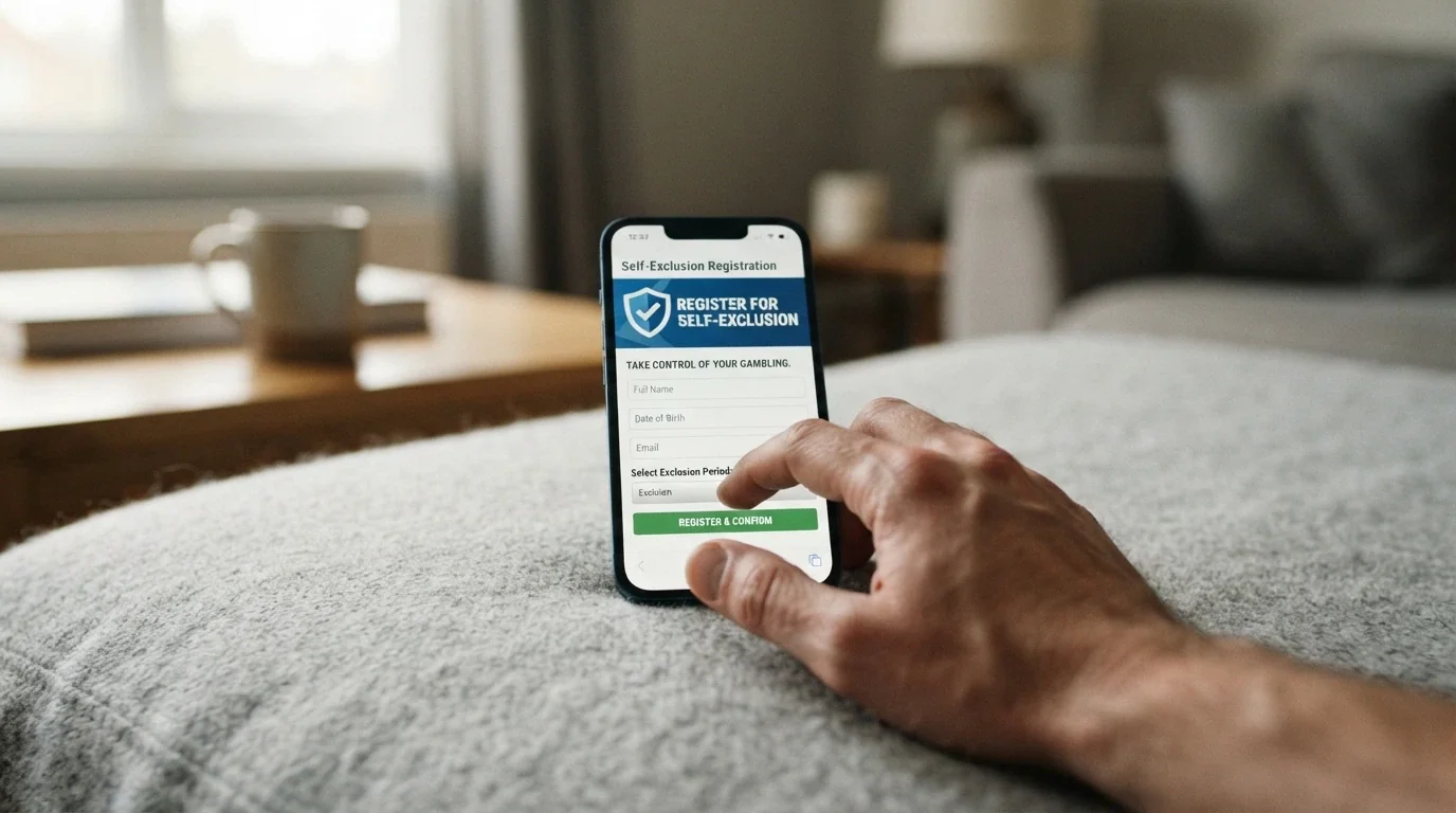 A person's hand hovering over a smartphone screen displaying the BetStop registration page, the national self-exclusion logo clearly visible