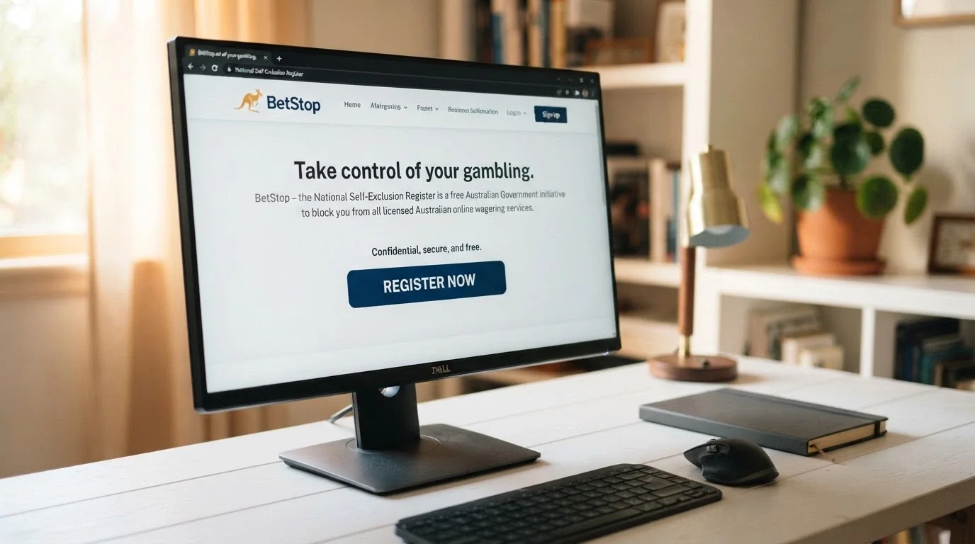A computer screen showing the BetStop National Self-Exclusion Register homepage with a registration button prominent
