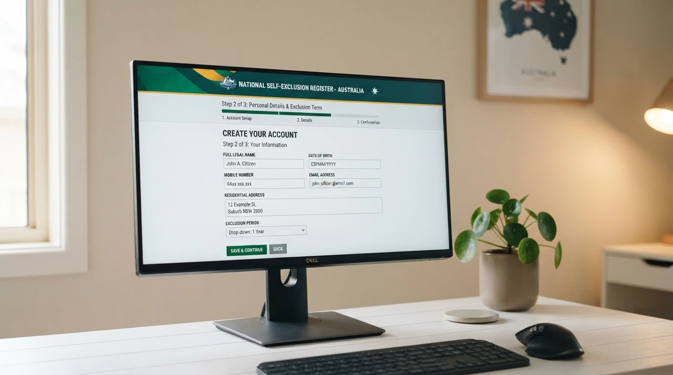 A clean registration interface showing the BetStop National Self-Exclusion Register sign-up screen on a desktop, with the Australian Government logo visible and a progress bar at step 2 of 3