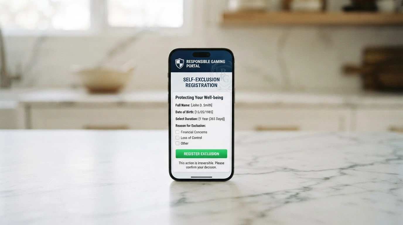 A smartphone displaying the BetStop registration screen with the National Self-Exclusion Register logo and a prominent “Register” button, Australian Government crest visible