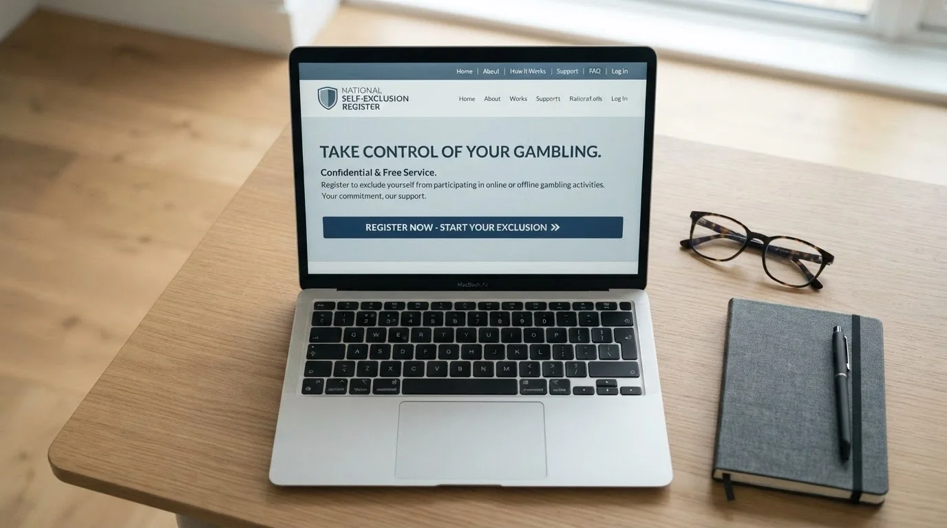 The BetStop National Self-Exclusion Register homepage on a laptop screen with the registration button visible