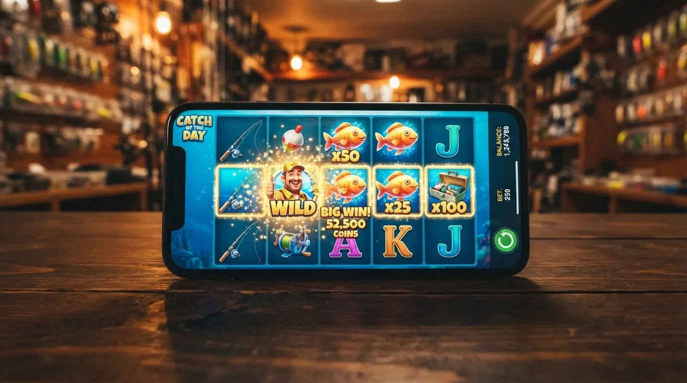 A smartphone in landscape orientation showing a Big Bass Bonanza spin result with the fisherman wild and fish symbols on a 5×3 grid