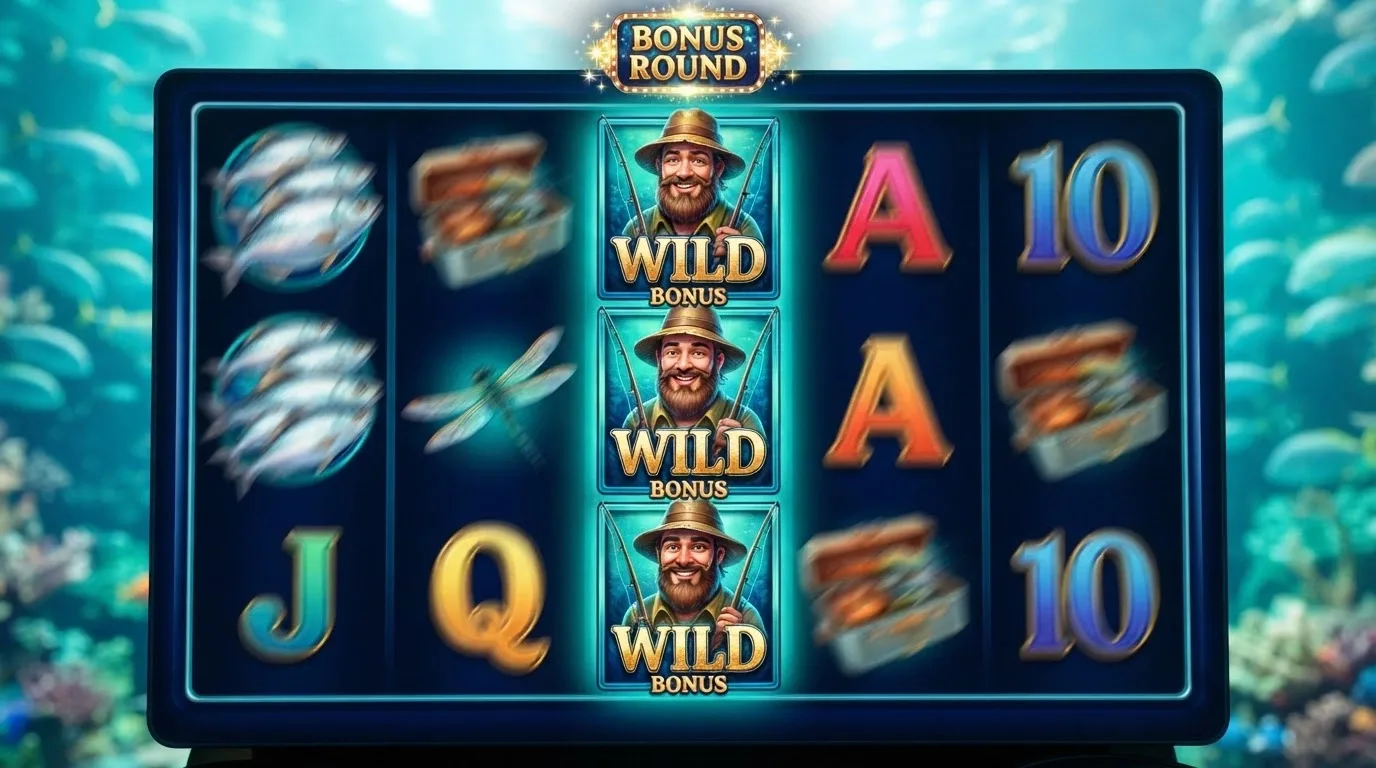 The Big Bass Splash 5×3 reel grid showing the fisherman wild symbol and scatter fish during a bonus round