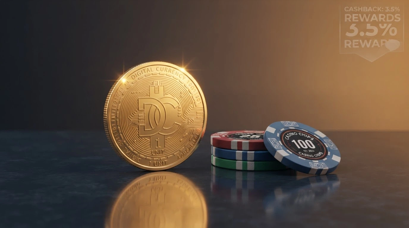 A bitcoin symbol beside casino imagery, with a cashback-percentage graphic