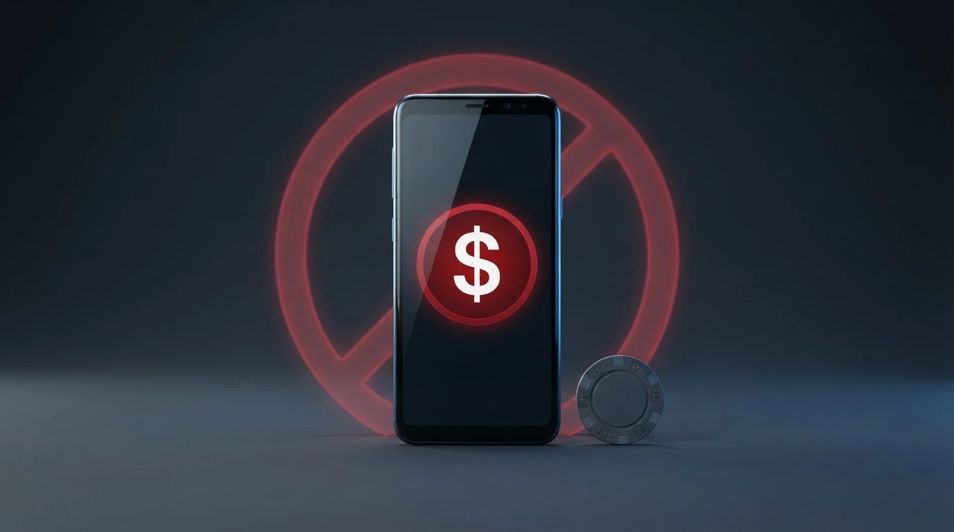 Bitcoin and cryptocurrency logos beside a casino welcome bonus banner with a warning symbol