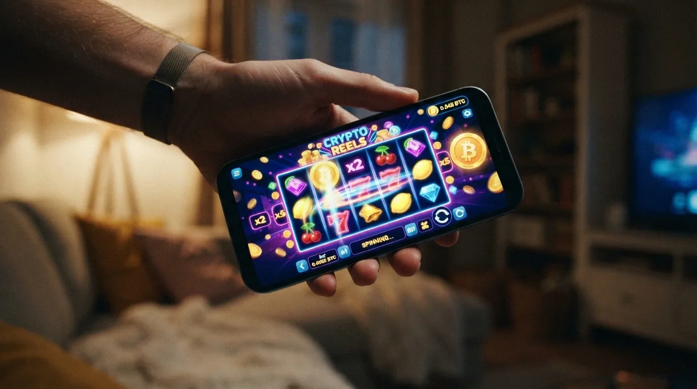 A smartphone screen showing a colourful online pokies game mid-spin with a Bitcoin deposit indicator in the top corner