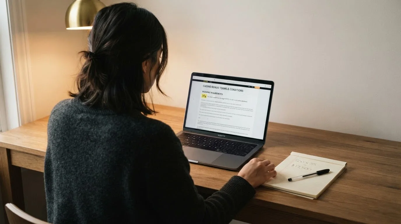 An adult sitting at a desk with a laptop open to a casino bonus-terms page, a notepad beside them with handwritten figures (wagering × stake), and a pen in hand — the room is well-lit, the expression is thoughtful, not celebratory.