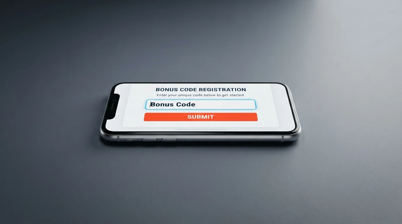 A casino promotion screen showing a bonus-code entry field during registration