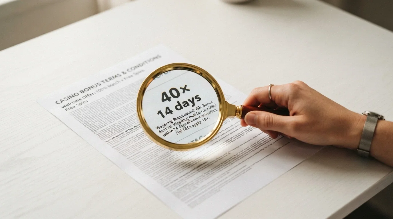 A magnifying glass held over casino bonus terms and conditions, the 40x wagering requirement and 14-day validity period enlarged in the lens