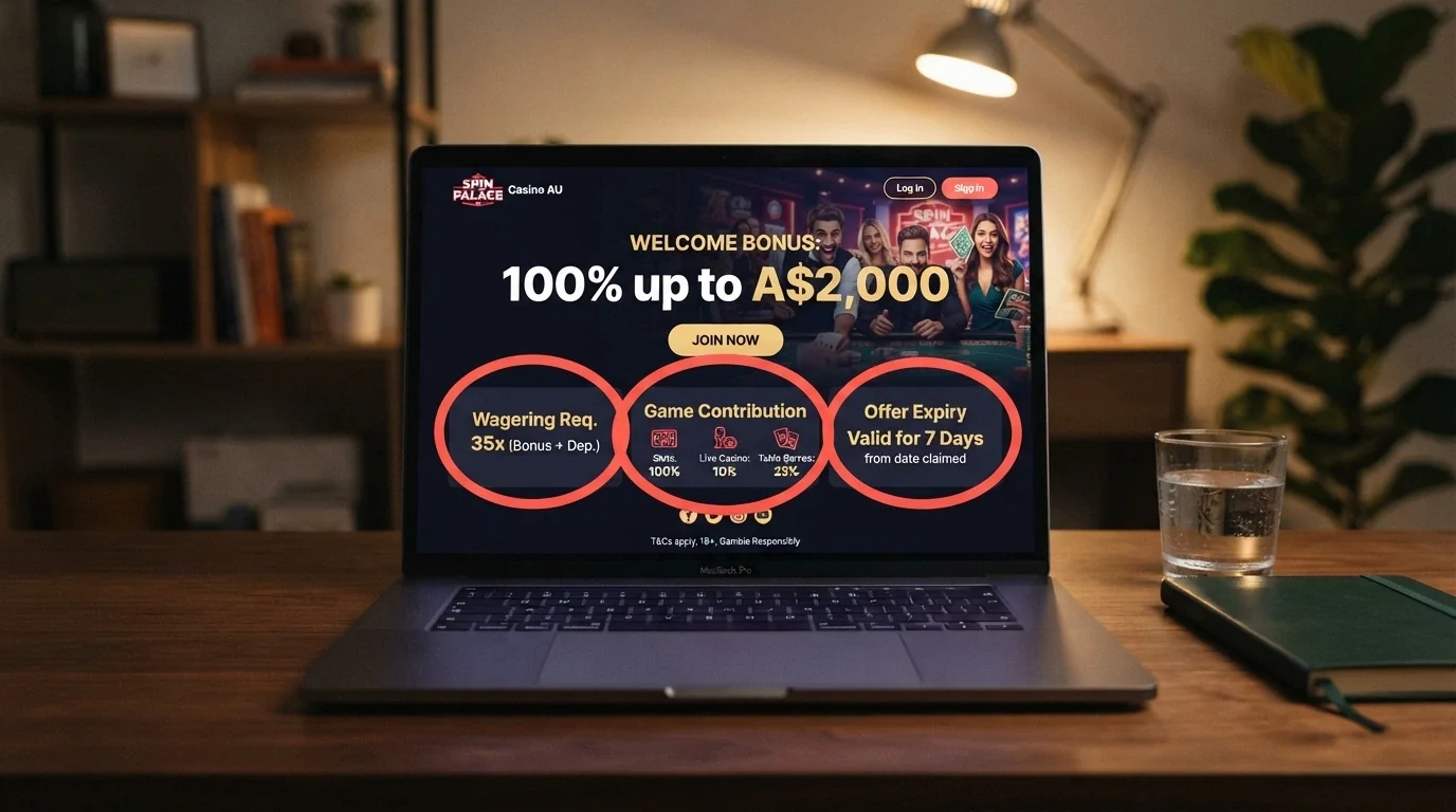 A welcome-offer banner on a casino site with the headline “100% up to A$2,000” and the wagering requirement, game contributions and expiry date highlighted with callout circles