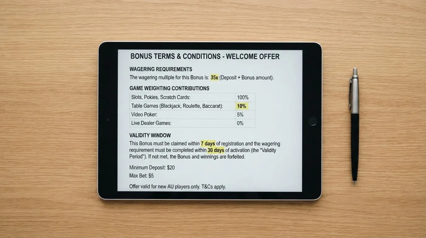 An iPad screen showing a casino bonus-terms page with the wagering multiple, game-weighting table and validity window highlighted