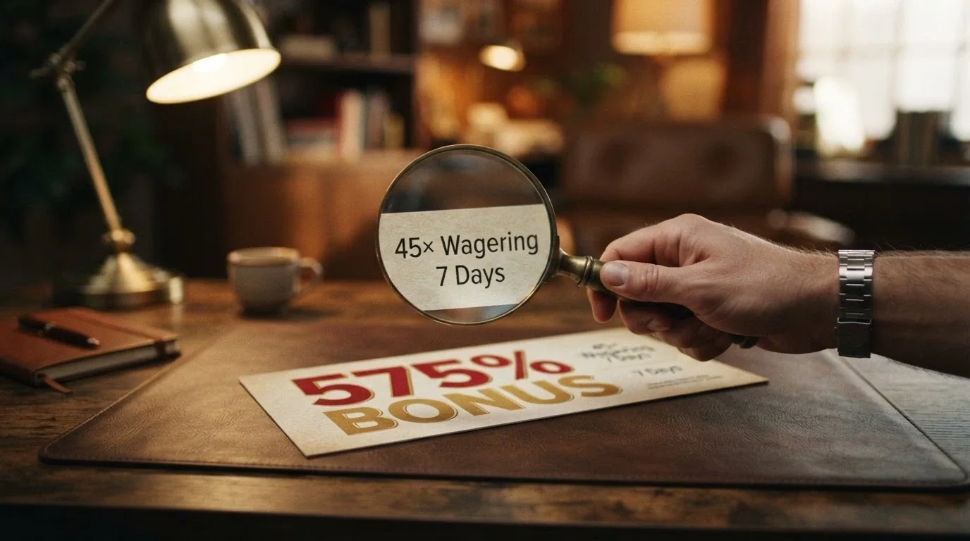 A welcome-bonus headline figure under a magnifying glass that reveals the wagering multiple, cashout cap and expiry date in the fine print beneath