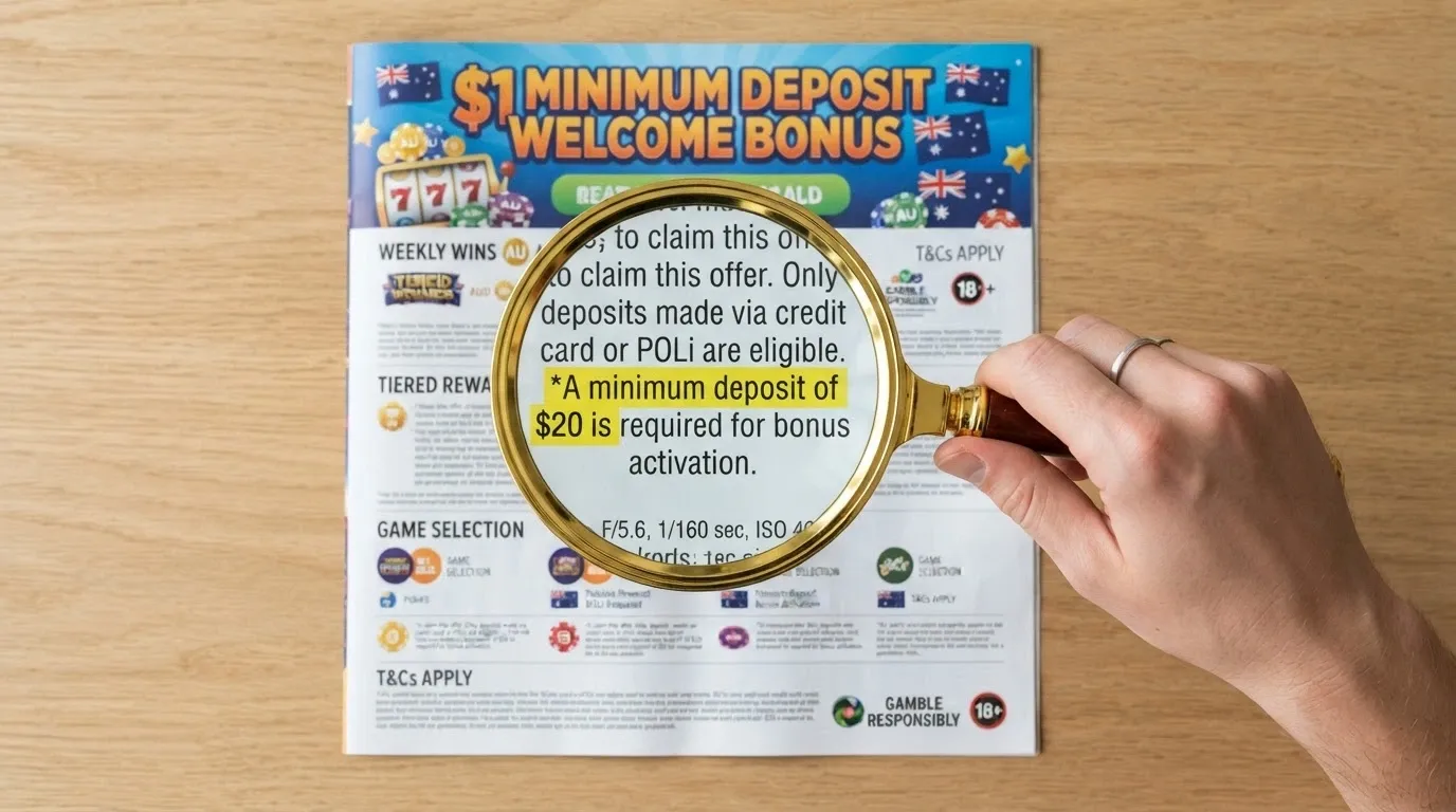 A magnifying glass held over the terms and conditions section of a casino promotions page, with the minimum-deposit clause showing $20 highlighted while the page headline reads “$1 minimum deposit welcome bonus”