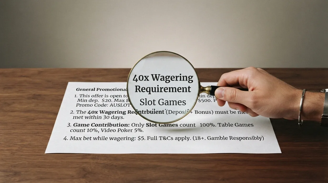 A stylised close-up of bonus terms and conditions text with a magnifying glass highlighting the wagering-multiplier line and game-contribution percentage