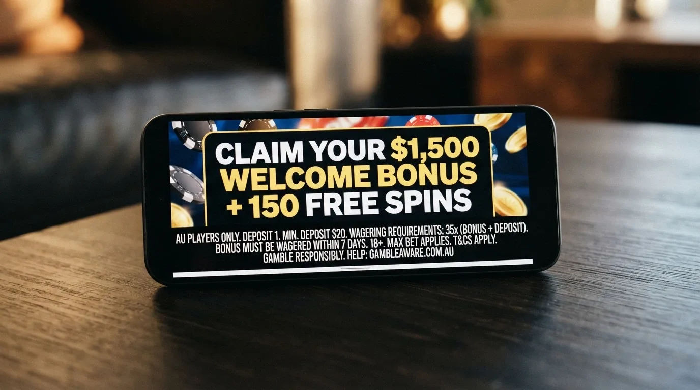 A smartphone screen showing a casino bonus pop-up with a large welcome-bonus dollar figure and smaller wagering terms in the fine print beneath