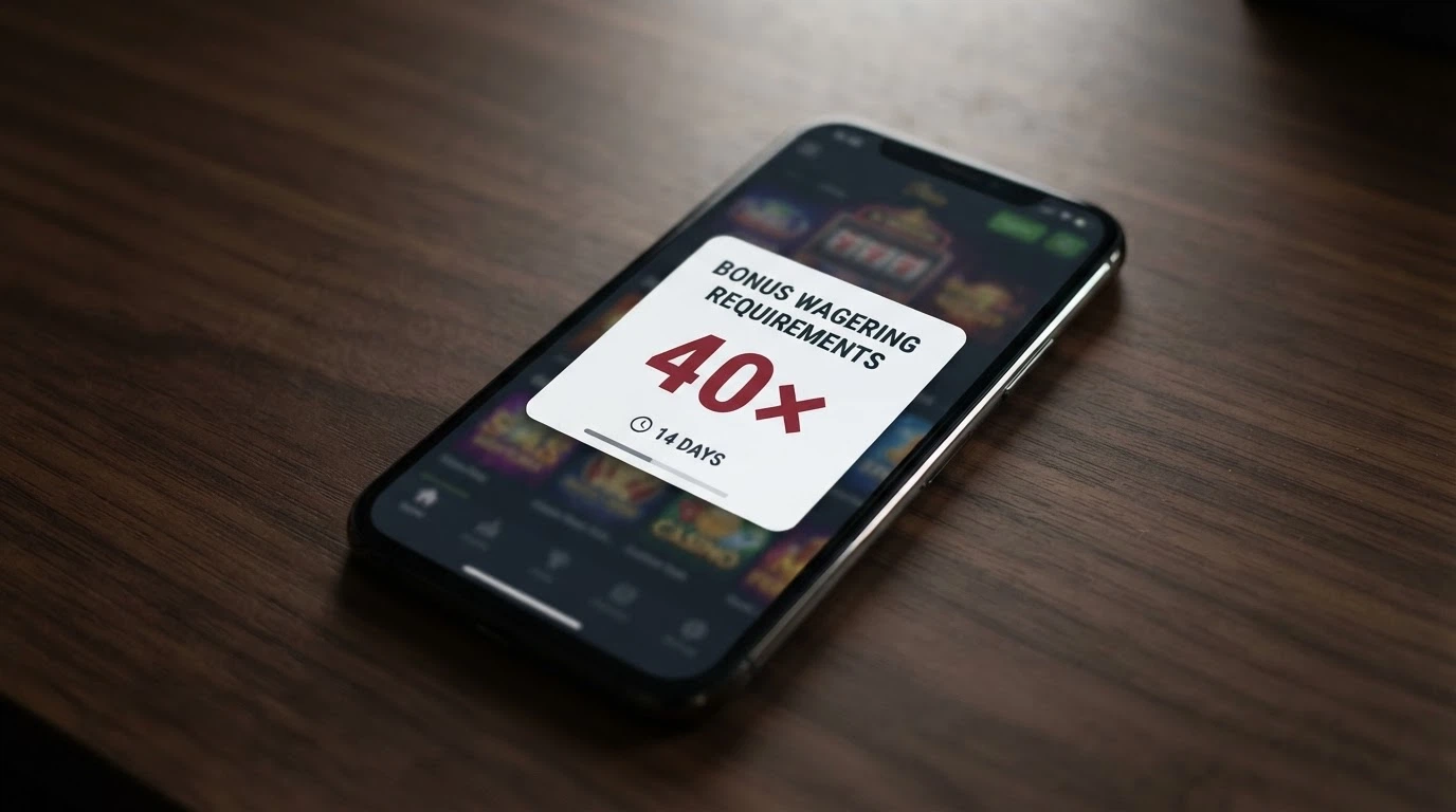 An iPhone screen showing a casino bonus terms pop-up with the wagering requirement and validity period highlighted