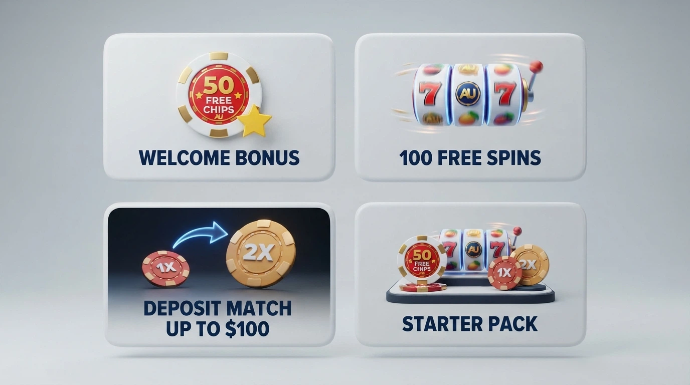 Four labelled panels showing different bonus structures: free chip, free spins, deposit match and a composite package