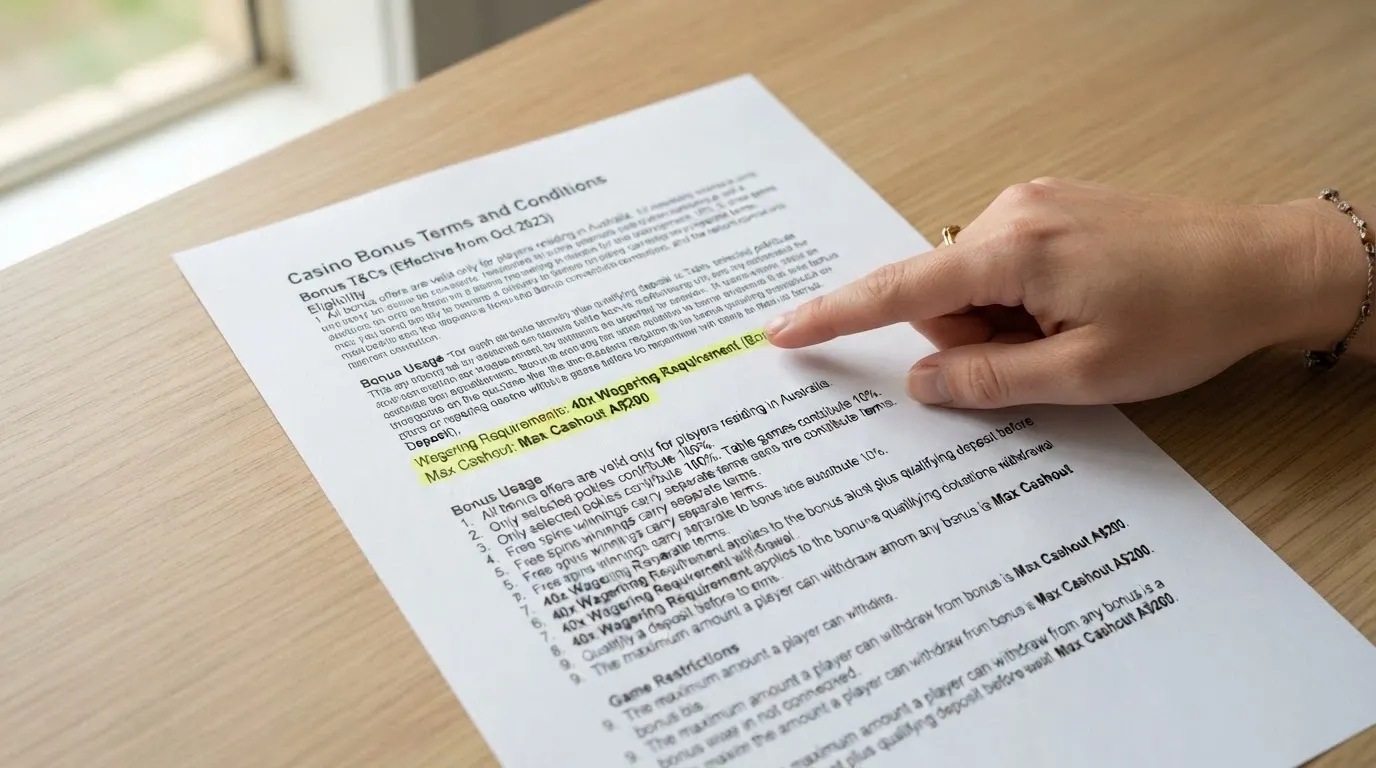 A close-up of casino bonus terms and conditions with wagering requirements and cashout limits highlighted