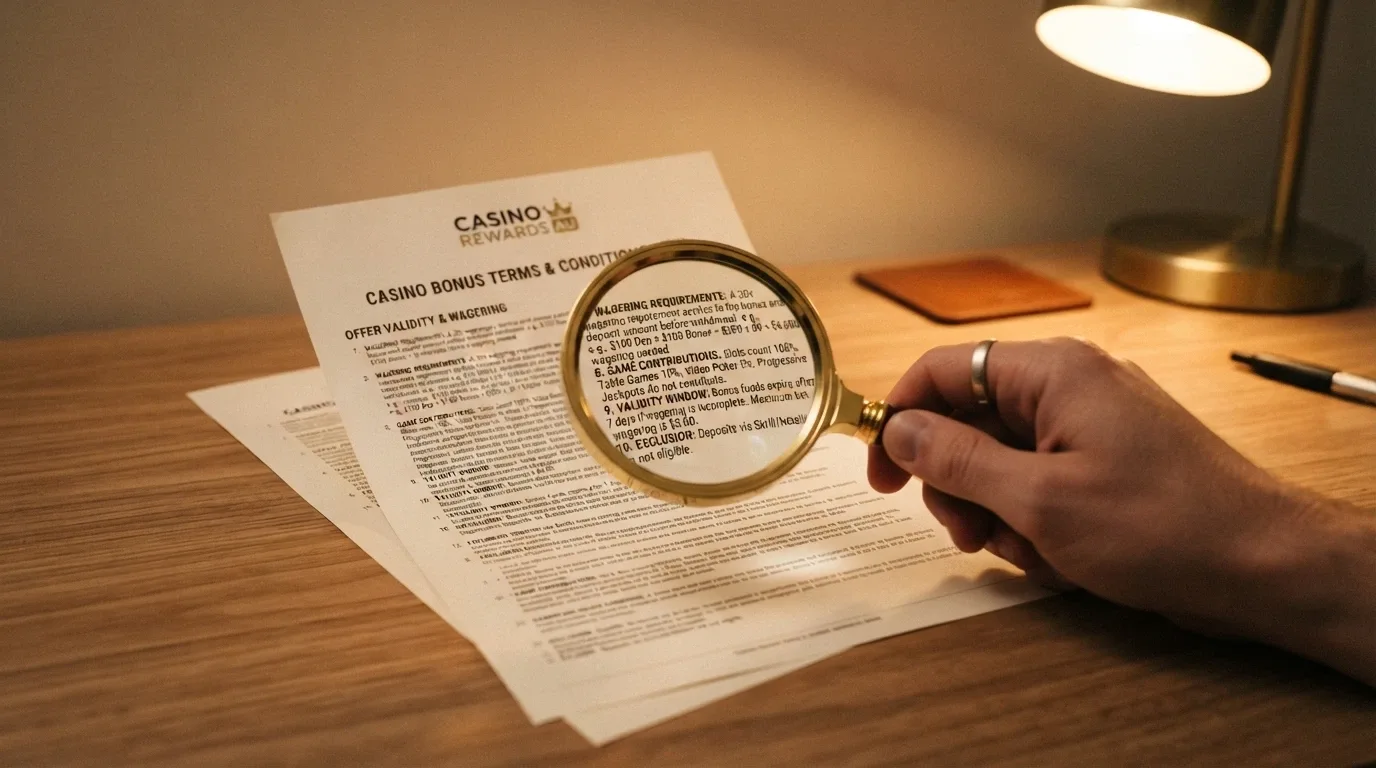 A magnifying glass over a casino bonus terms document, highlighting wagering and validity clauses