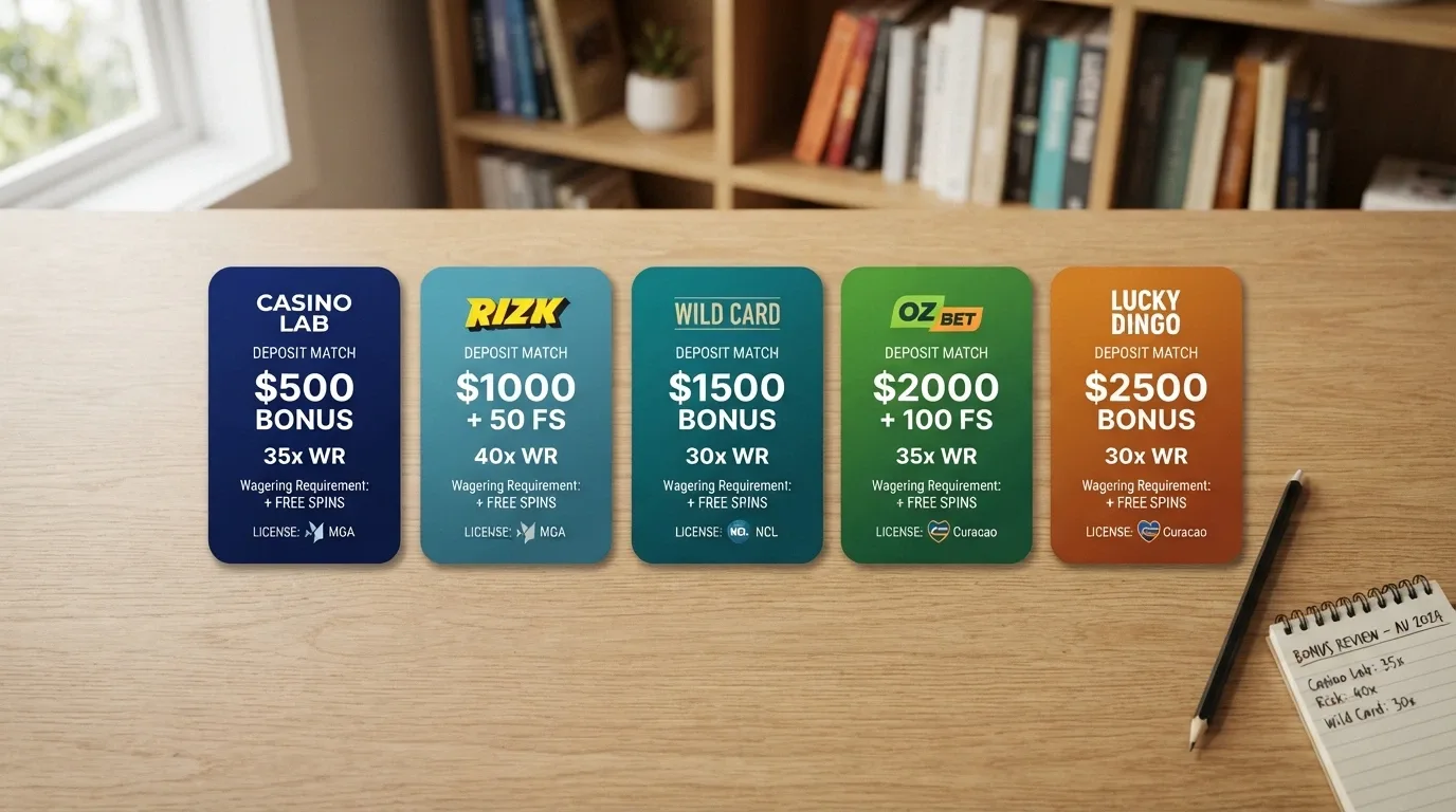A visual comparison layout showing operator name cards with bonus amounts, wagering multiples and licence-jurisdiction badges arranged side by side