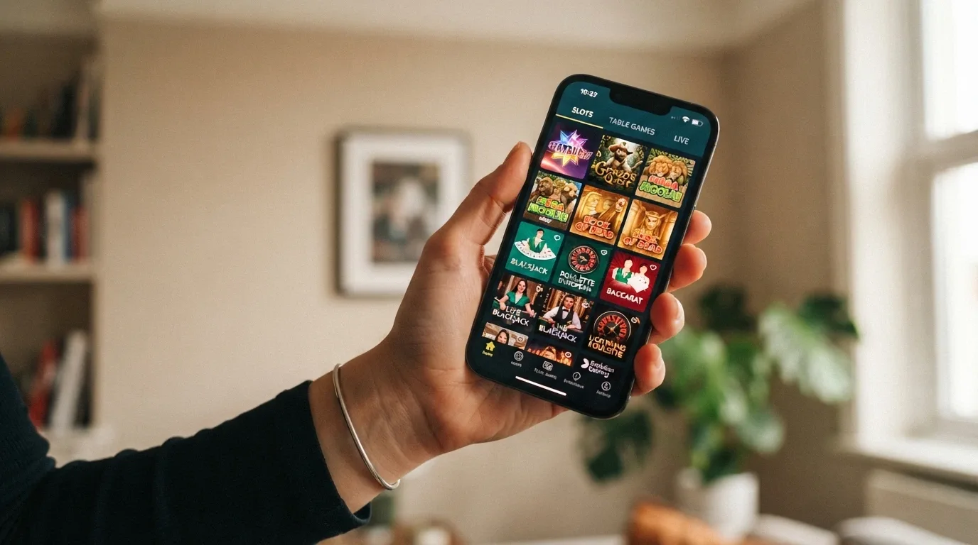 A casino app game-lobby grid showing pokie thumbnails alongside blackjack and live-dealer icons