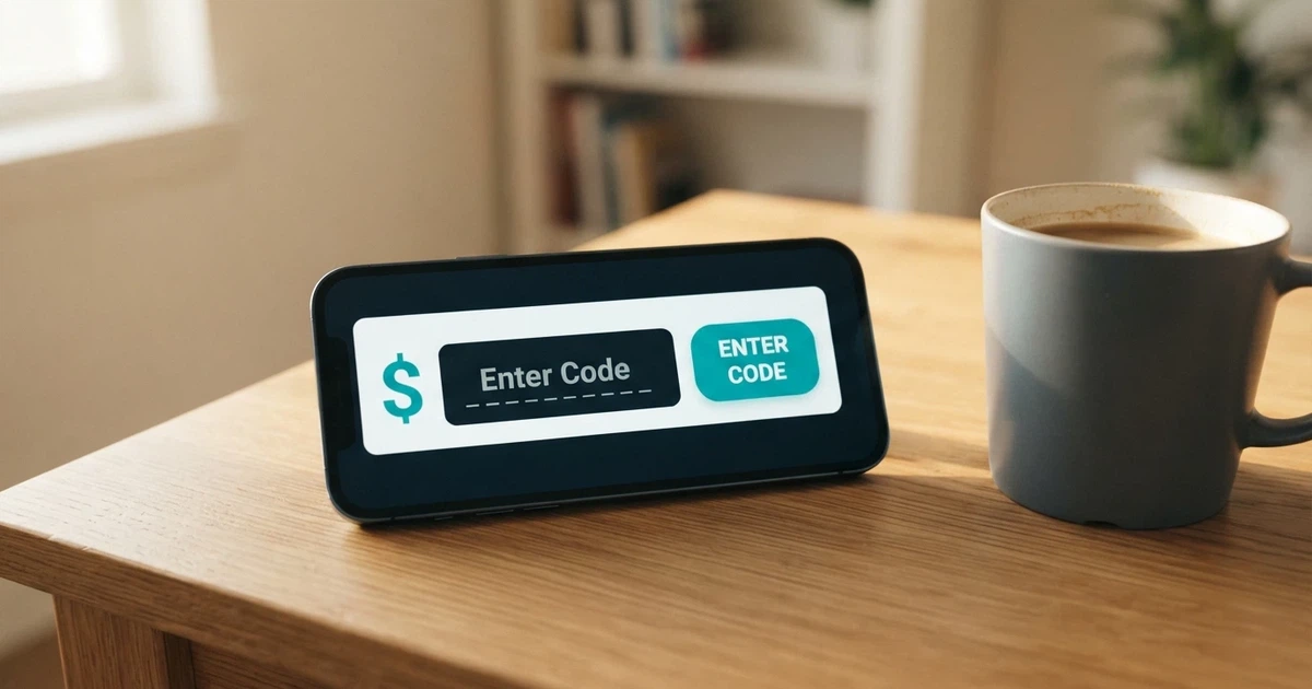 A smartphone screen displaying an online casino bonus code entry field with a prominent “Enter Code” button beside a dollar sign icon, shot on a desk with a coffee cup in soft morning light.