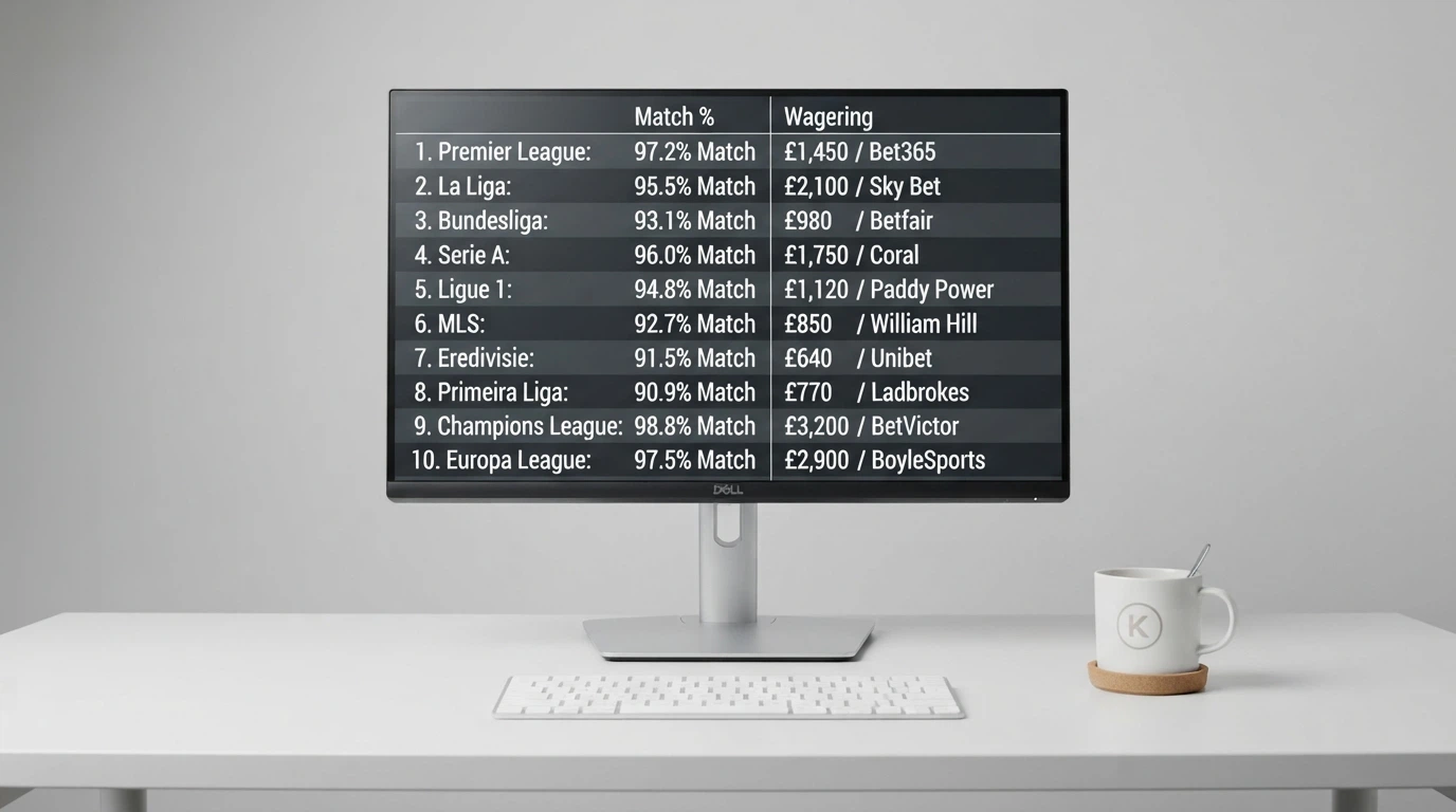 A side-by-side comparison of casino bonus offers on a desktop screen with columns for match percentage and wagering