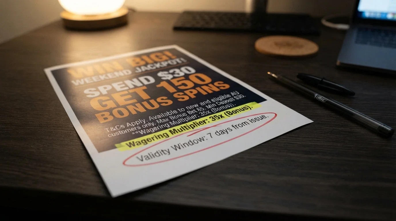 A welcome-bonus banner with the wagering terms and validity window circled or highlighted