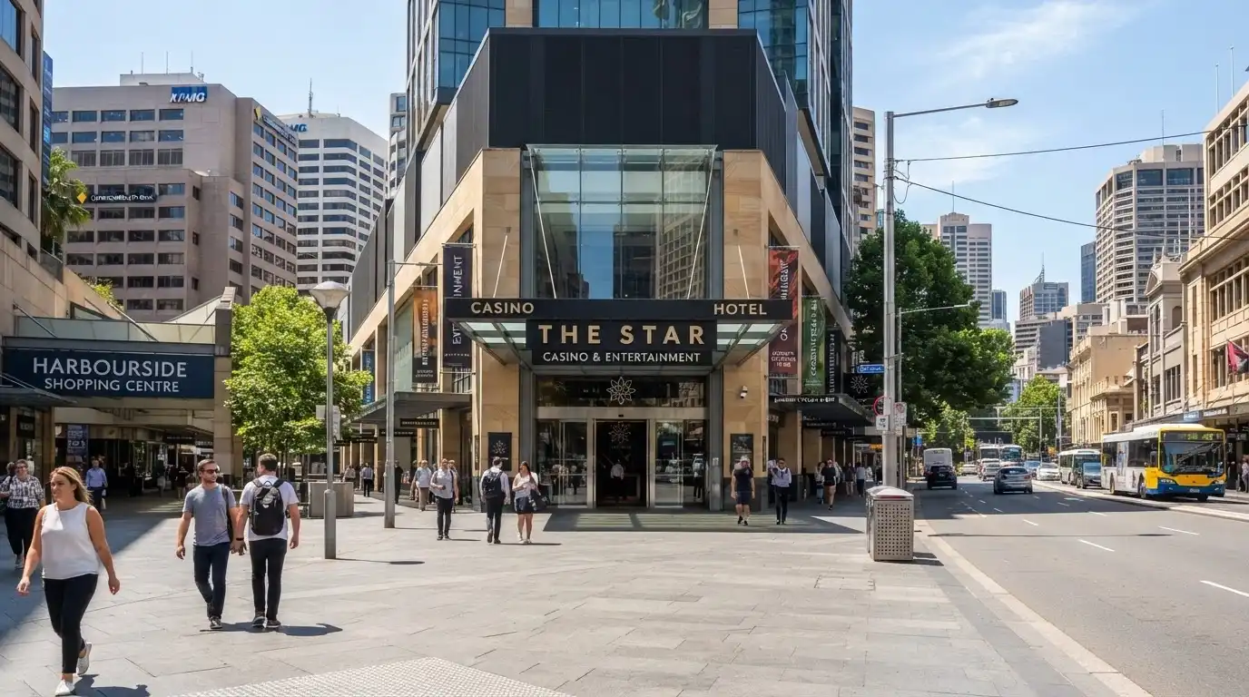 The exterior of Casino Canberra in the Civic precinct showing its position on Binara Street with surrounding Canberra CBD buildings