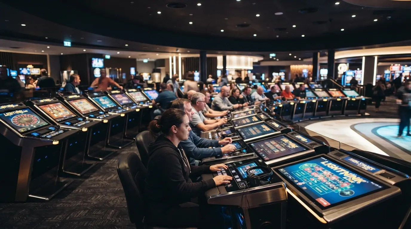 Rows of electronic gaming terminals inside the 50-seat digital Multi Terminal stadium with screens lit and players seated