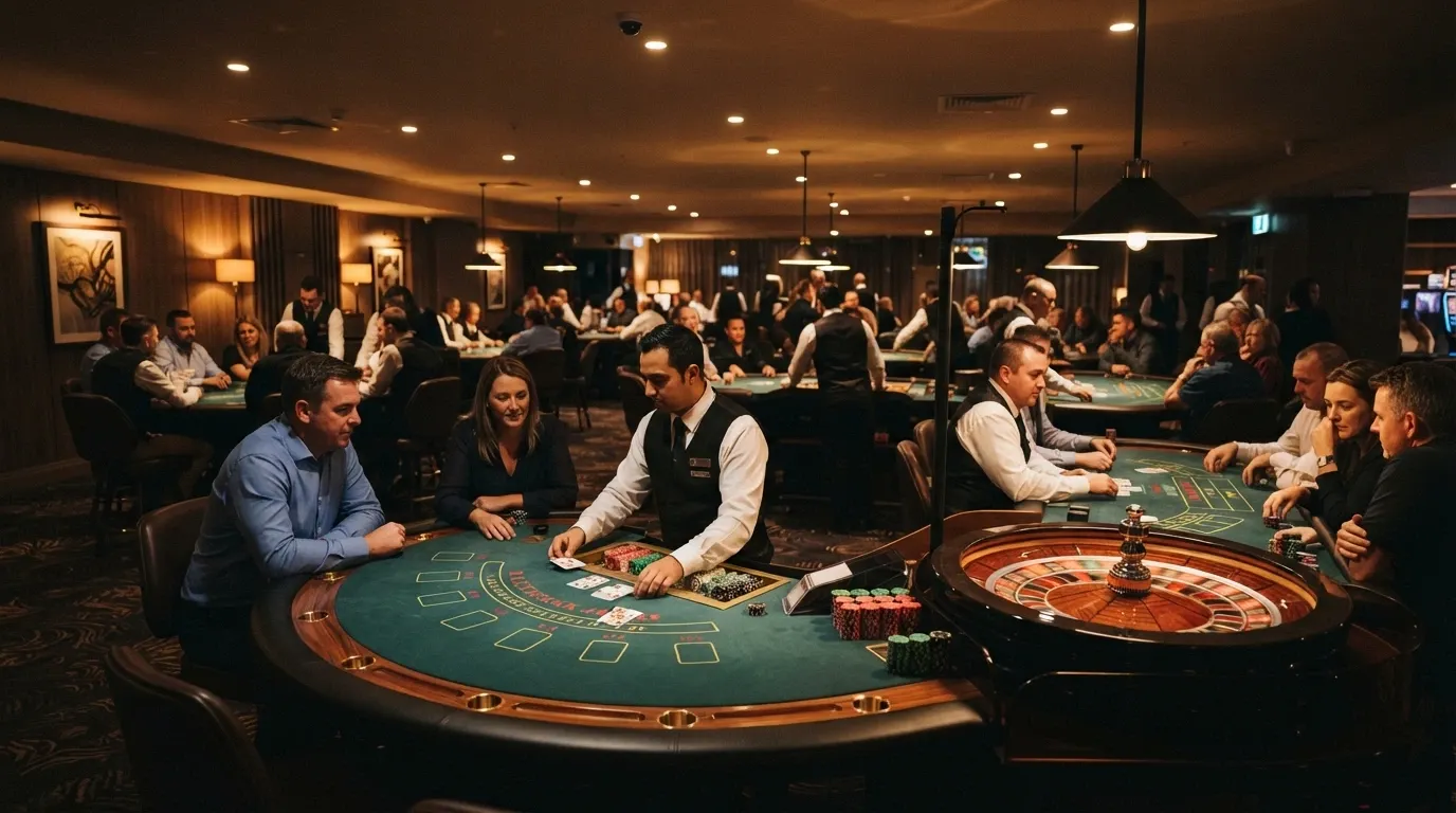 A view across the main gaming floor showing Blackjack and Roulette tables with dealers in action under warm casino lighting