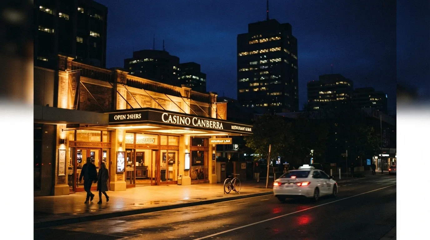 Casino Canberra's entrance lit at night with the Canberra CBD skyline behind it, showing the venue as part of the city's evening landscape