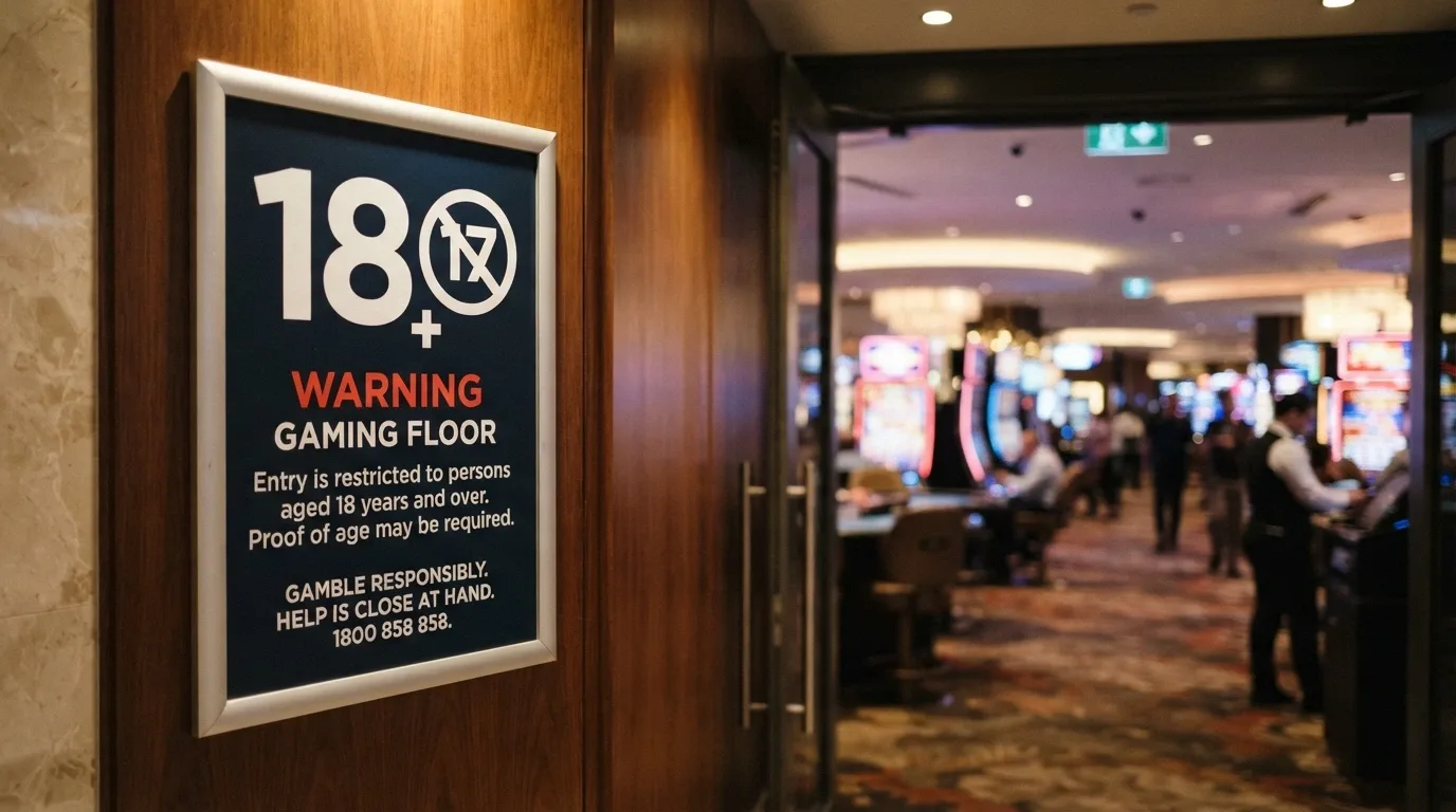 The 18-plus entry signage at a SkyCity Adelaide gaming-floor entrance, with the regulatory notice and age-restriction wording visible