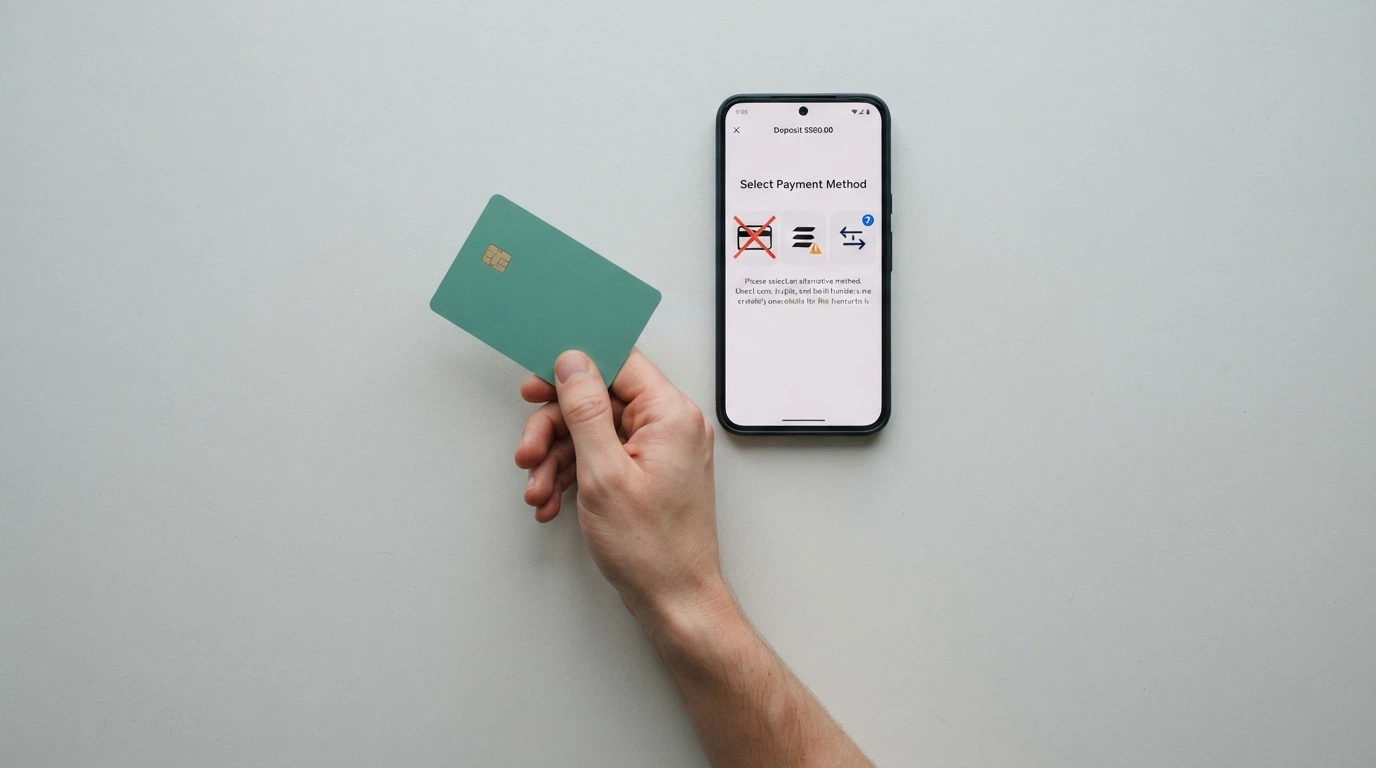 A hand holding a debit card next to a smartphone showing a casino deposit screen, with three payment-method icons — a credit card with a red cross, a Bitcoin symbol with a warning triangle, and PayID with a question mark