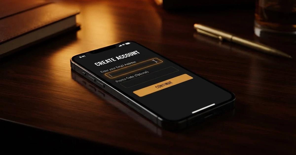 A close-up of a smartphone screen showing an online casino registration form with a promo code text field, set against a dimmed background