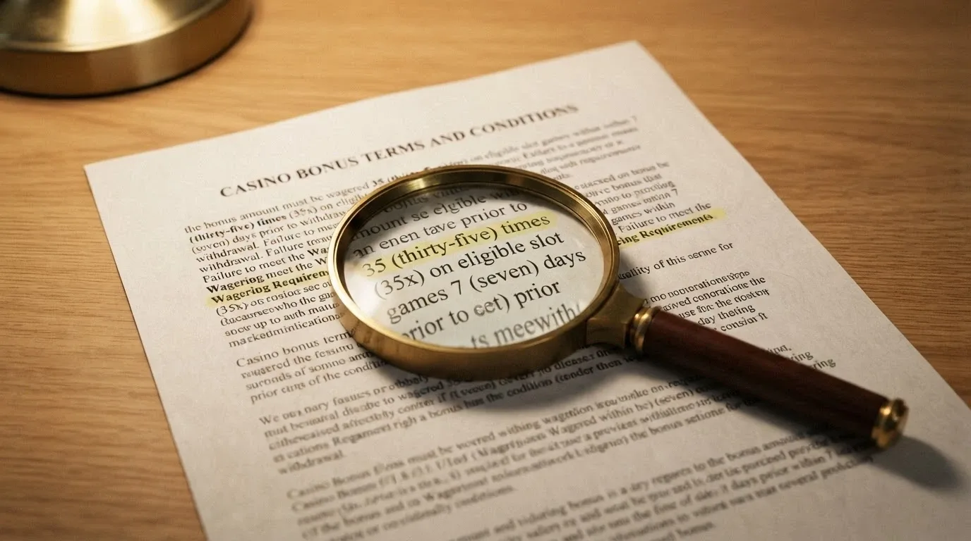 A magnifying glass held over a printed casino bonus terms document, with the wagering-requirement clause highlighted