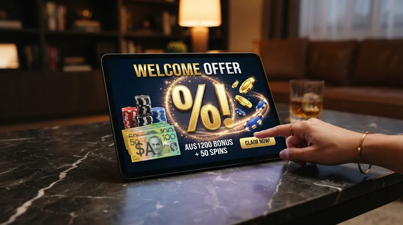 A welcome bonus promotional banner showing a deposit match and free spins offer in Australian dollars