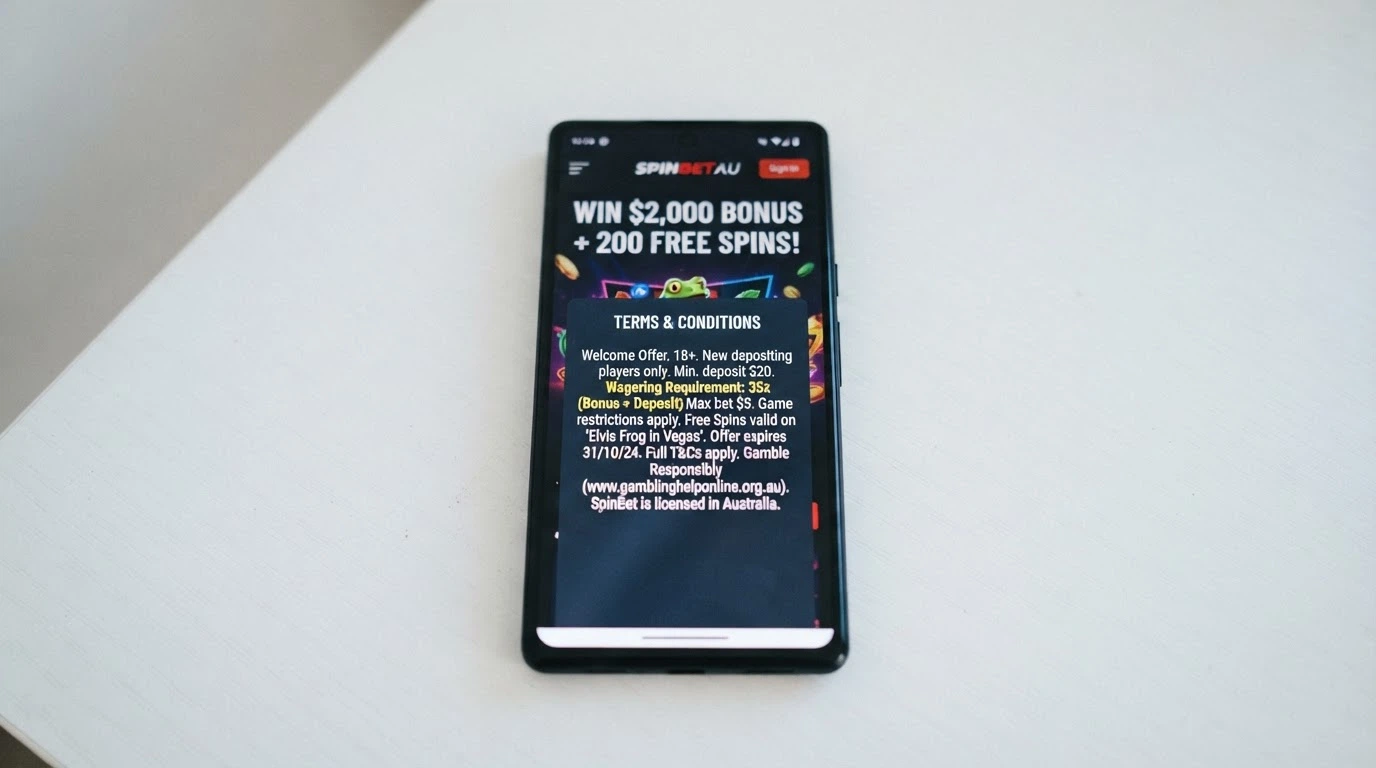 A smartphone screen showing a bonus terms pop-up with wagering-requirement text highlighted