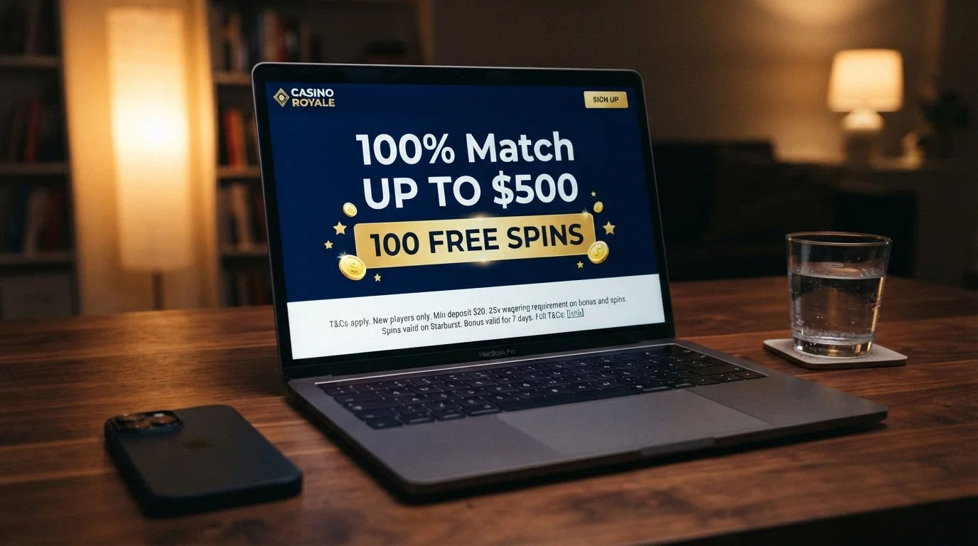 A welcome-offer landing page showing a 100% match up to $500 and free spins, with terms and conditions in fine print below