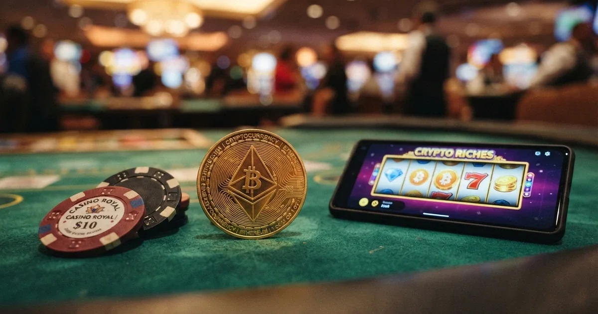 A Bitcoin token resting on a green casino felt table beside poker chips and a smartphone showing a pokies game