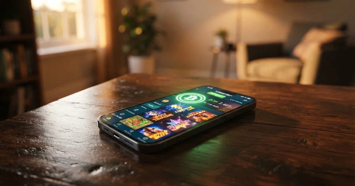 A smartphone showing a Bitcoin Cash casino lobby with a deposit screen and BCH logo visible