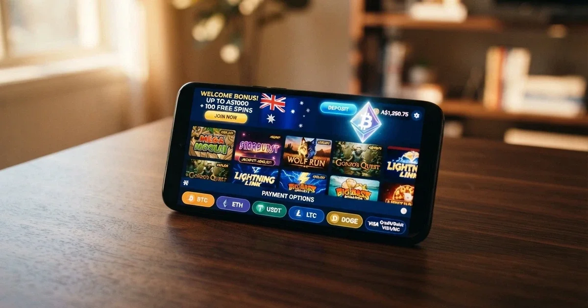 A smartphone screen showing an Ethereum casino lobby with ETH deposit options and a welcome bonus banner