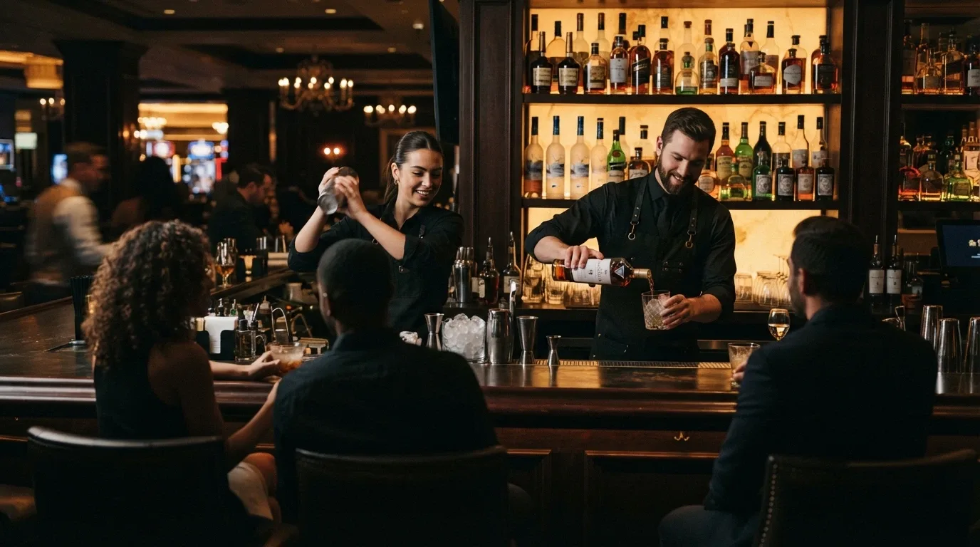 Bartenders preparing cocktails behind the Chandelier Bar, with premium spirit bottles backlit and patrons seated at the counter