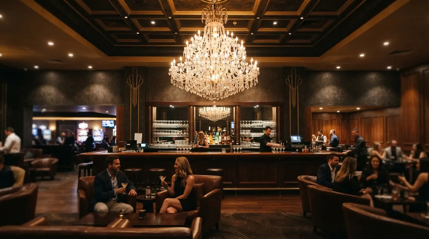 The Chandelier Bar interior with its namesake chandelier as the focal point, showing the bar counter and lounge seating